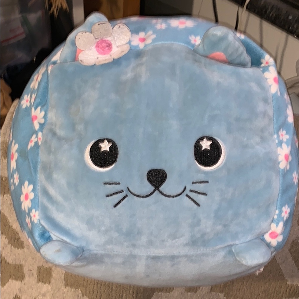 Pastel Blue Plush Cushion with Pink Floral Details
